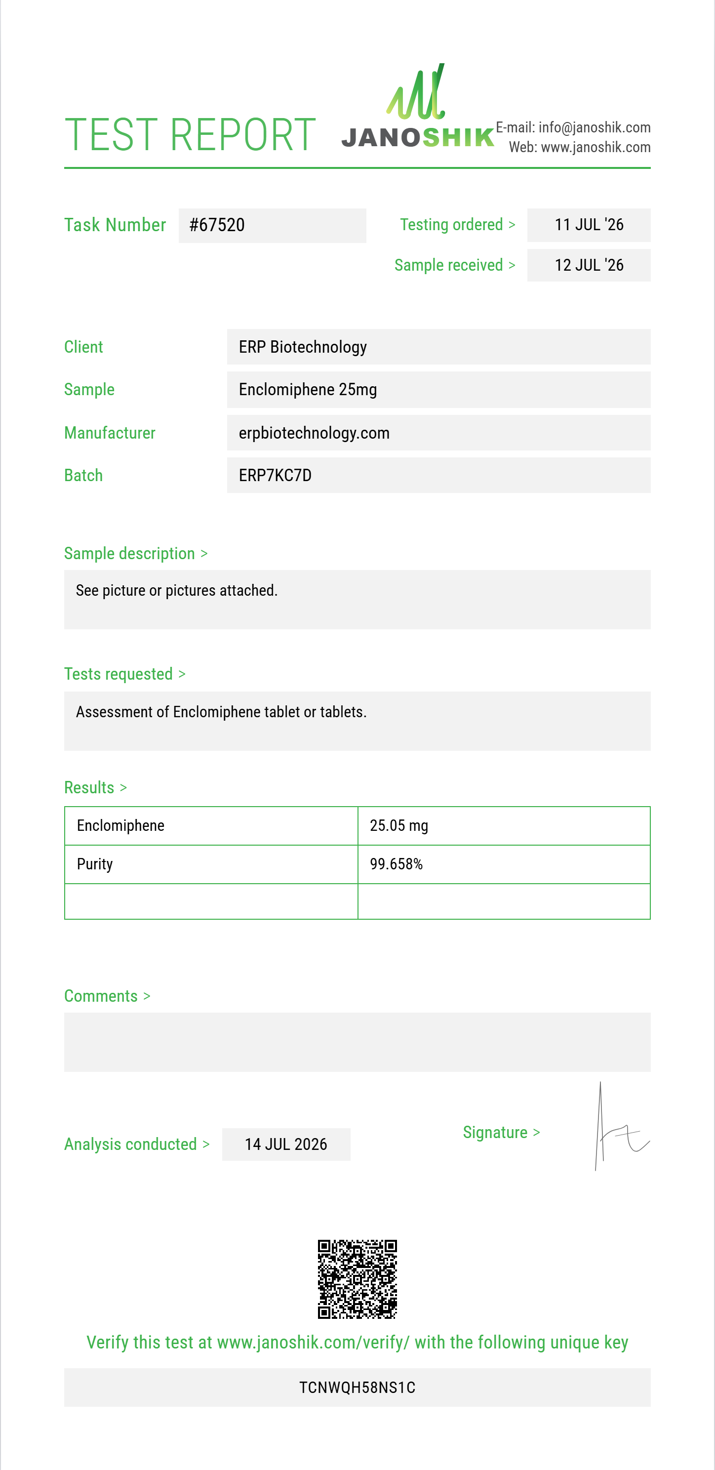 Enclomiphene Purity (HPLC) report by Janoshik Analytical