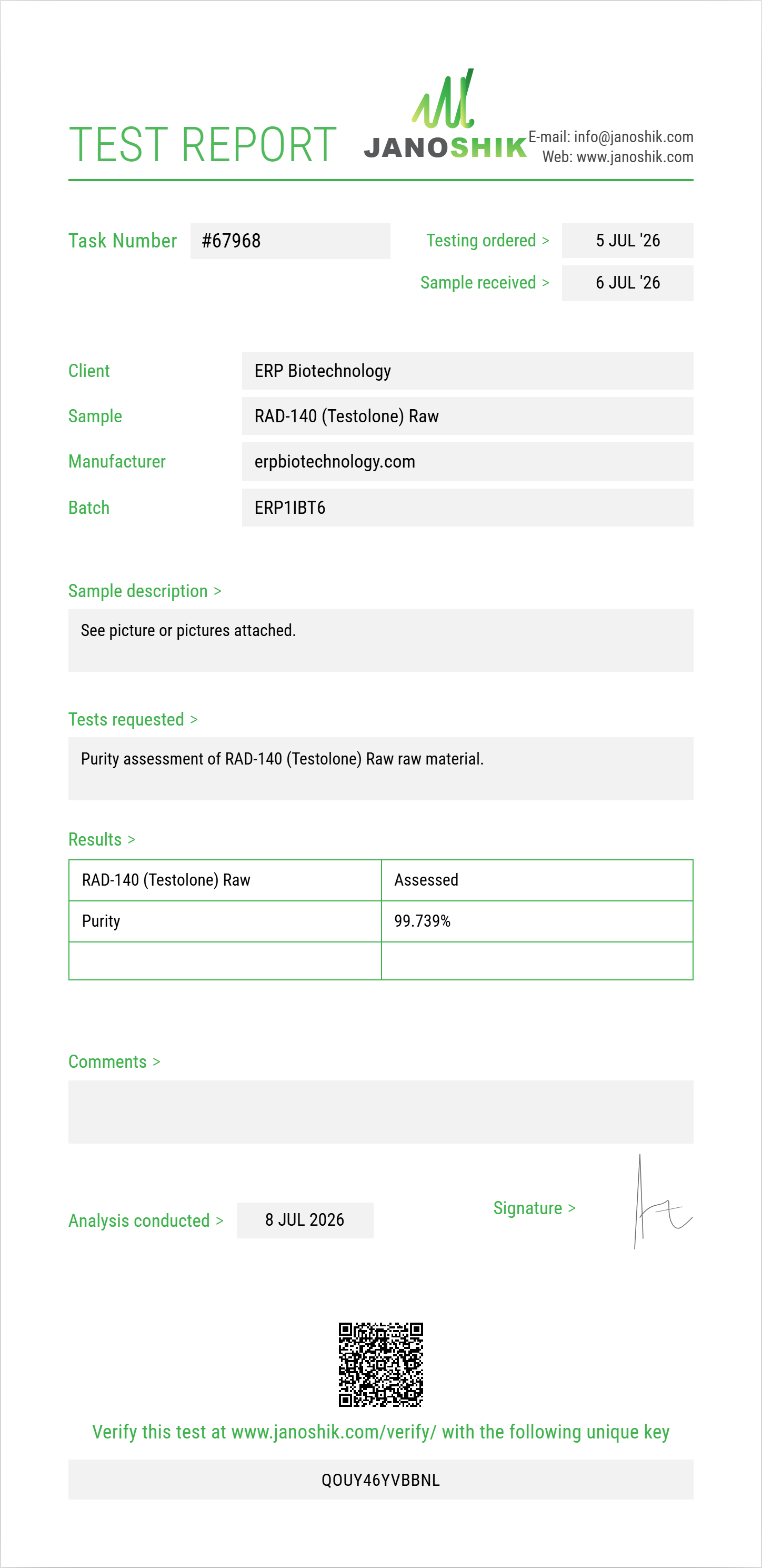 RAD-140 (Testolone) Raw Purity (HPLC) report by Janoshik Analytical