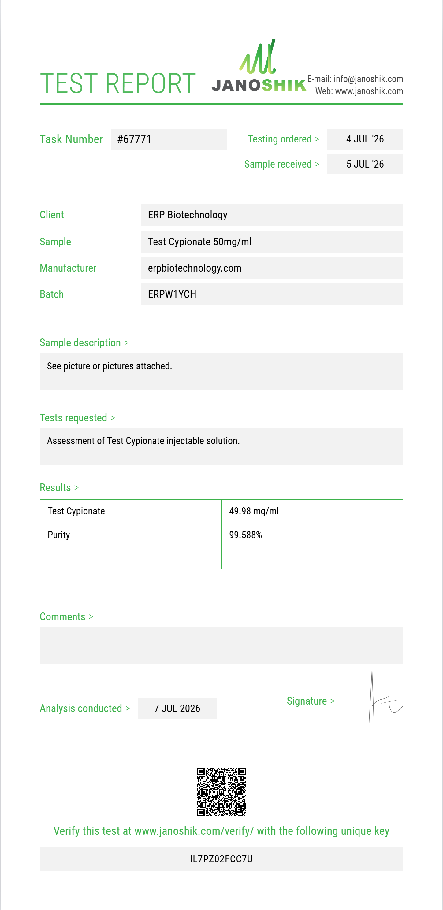 Test Cypionate Purity (HPLC) report by Janoshik Analytical