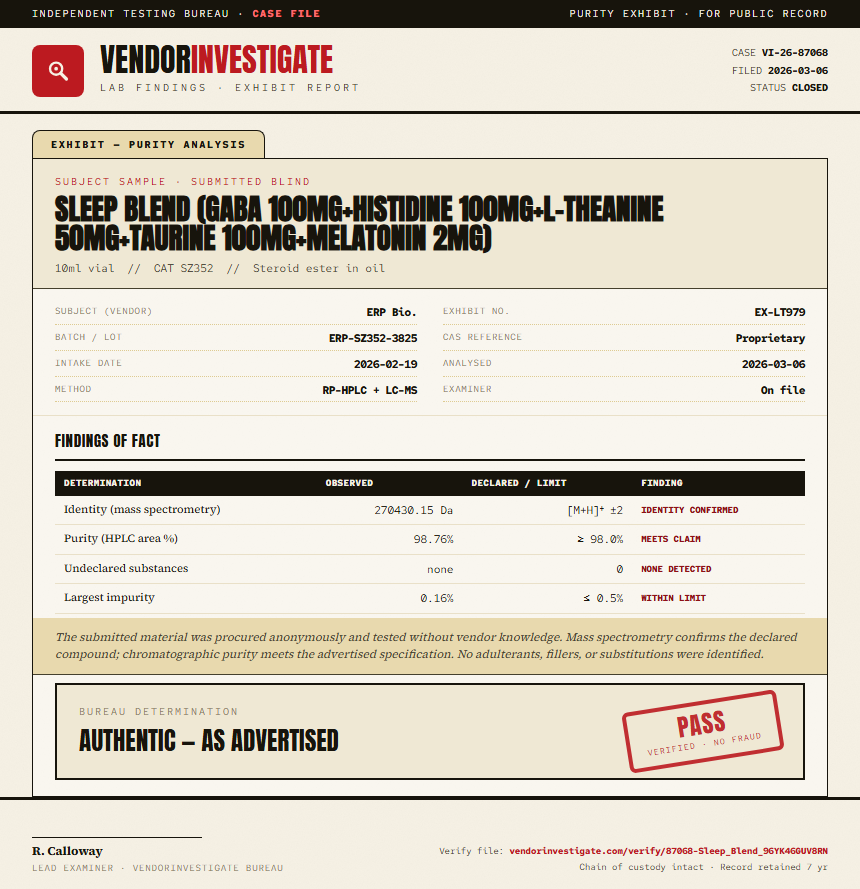 Sleep Blend (GABA 100mg+Histidine 100mg+L-Theanine 50mg+Taurine 100mg+Melatonin 2mg) Purity (HPLC) report by VendorInvestigate