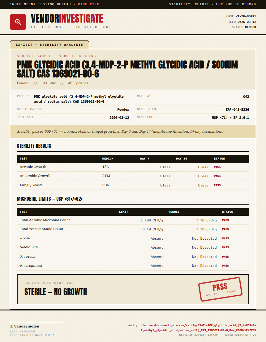 PMK glycidic acid (3,4-MDP-2-P methyl glycidic acid / sodium salt) CAS 1369021-80-6 Sterility report by VendorInvestigate